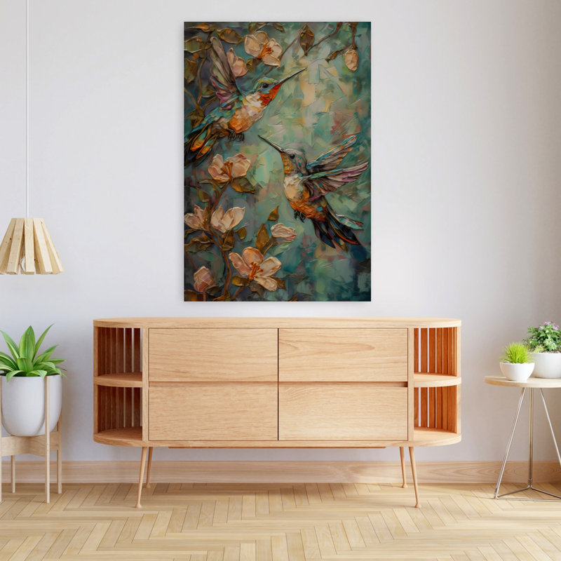 Art mural abstrait contemporain avec colibris, 48" H x 32" W
