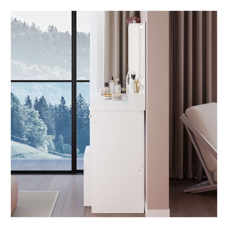 41" Large Size Left Drawer Desktop Vanity Table+Cushioned Stool, Extra Large Touch Control LED Mirror, 3-Color Switch, Multi Layer High Capacity Storage Fashionable Dresser, Suitable For Large Space