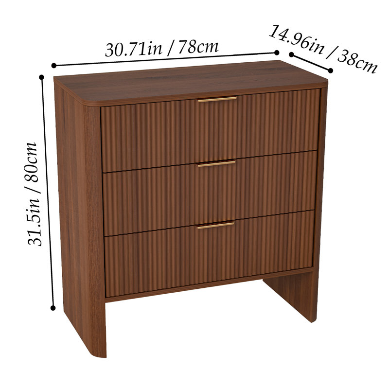 Modern 3 Drawers Dresser for Bedroom, Dressers & Chest of Drawers, Storage Cabinet Wavy Pattern Modern Bedside Cupboard Dressing Table For Bedroom Living Room Hallway Walnut