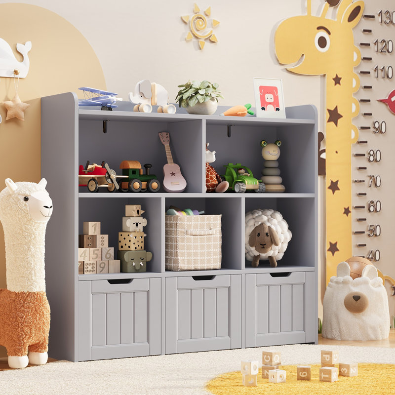 Bibliothèque pour enfants et armoire de rangement pour jouets, cloison ouverte à deux couches, trois tiroirs avec poulies, structure en bois sécuritaire, imperméable et facile d'entretien, gris