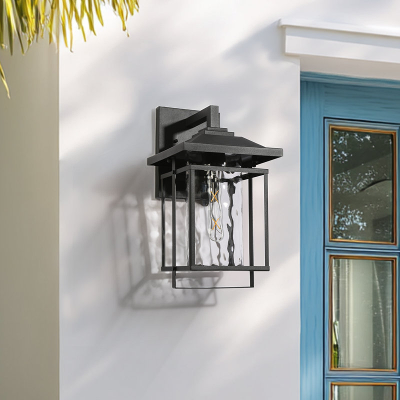 Modern 1-Light Glass Iron Outdoor Sconce Light Lantern Wall Mount Sconce, Matte Black