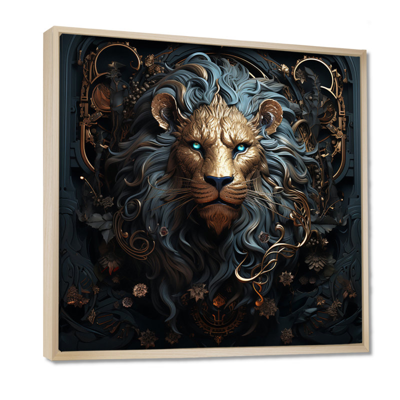 Majestic lion II - Lion, art mural, H 16 po x l 16 po x P 1 po, Cadre flottant en érable