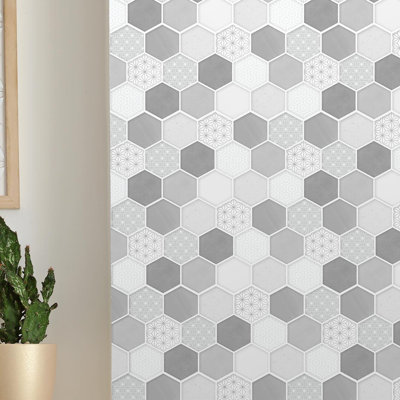 Honey Hexa Grey Glossy 3D Tile Stickers 30 x 15cm