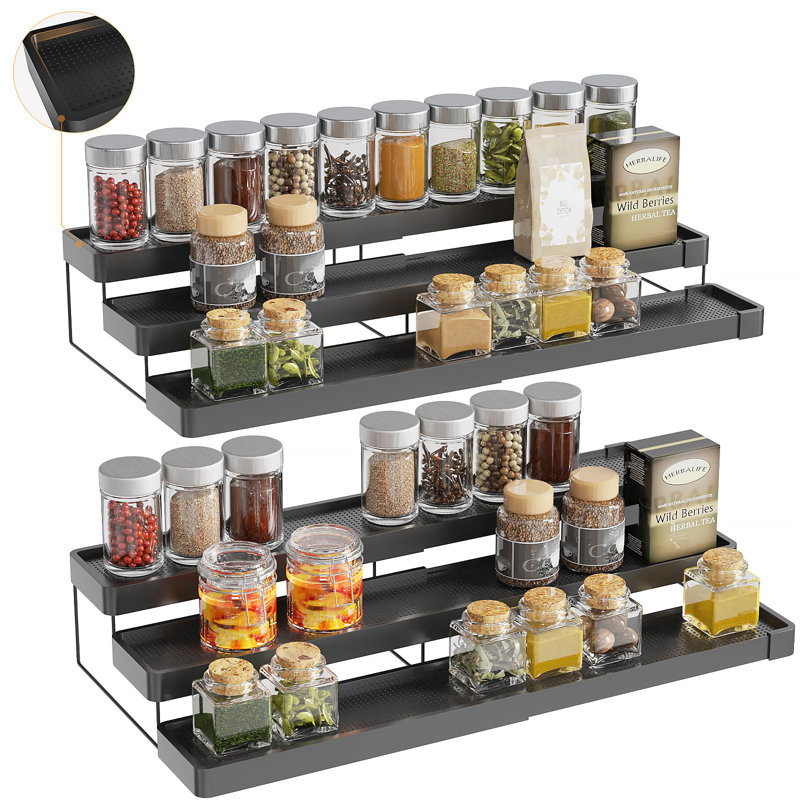 Ensemble de 2 étagères à épices extensibles pour armoire, armoire à épices réglable à 3 niveaux, Noir