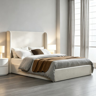 Caron Upholstered Wingback Bed / 54" High Headboard / Simplicity / Minimalist / Without Wooden Slats / Box Spring Request / Easy Assembly / Queen/ Textured Ivory Canvas Chenille