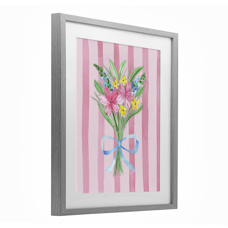 «Spring Bouquet & Bow Stripes», reproduction sous verre encadrée, design par Nina Jacobs, Cadre de ferme gris