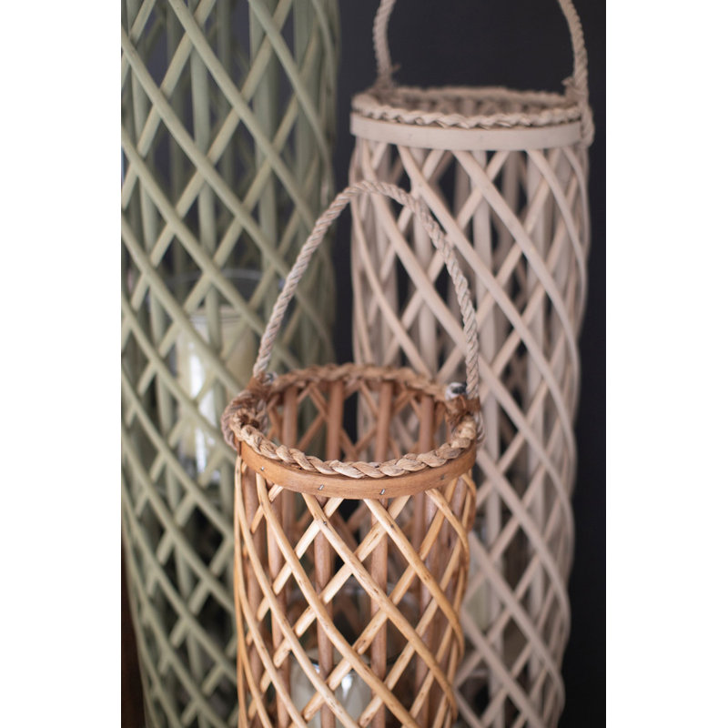  Willow Lantern Set with Glass Inserts – Tall 39.5" Decorative Lantern Trio in Green, Beige, and Brown, Set of 3