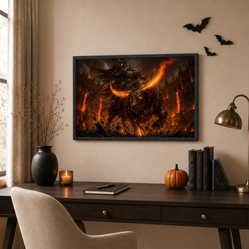 «Skeleton Warrior Ride Fiery Bull in Burning Halloween», art mural sur toile, H 36 po x l 48 po
