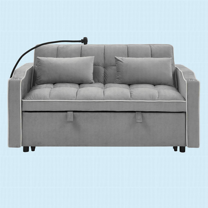 55,51 po. Canapé-lit pliable polyvalent, canapé-lit moderne en velours, dossier réglable et port USB, Gris