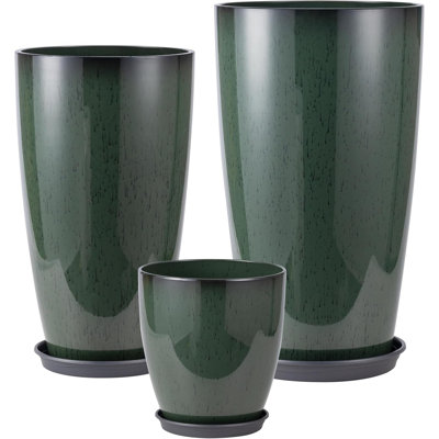 Aldan Set of 3 Green Planters - 24", 21", 10" | Indoor/Outdoor Plastic w/ Drainage & Saucers, Porcelain-Look for Home & Porch
