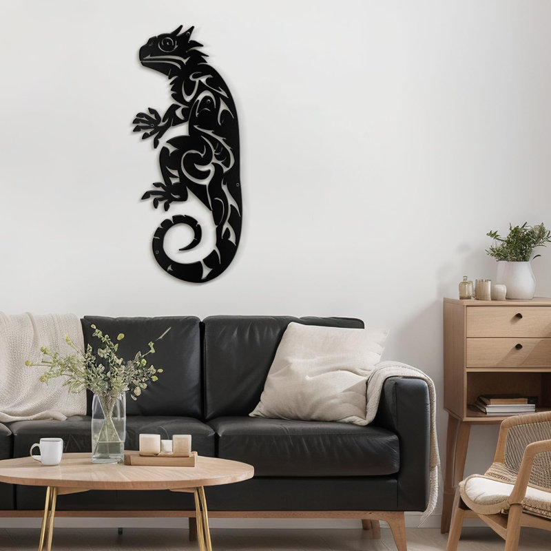 Lézard animal moderne abstrait sculpture murale décorations murales salon, H 36 po x l 12 po x P 0,05 po, Noir