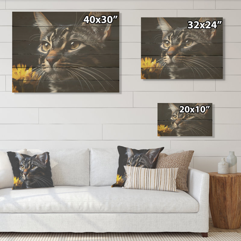 Bengal Rhapsody Cat I - Art mural en bois sur bois de pin naturel, H 10 po x l 20 po