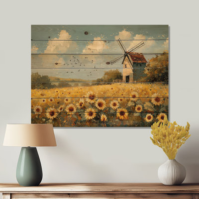 Tournesols au moulin à vent en été I - Art mural en bois tournesols - sur bois de pin naturel