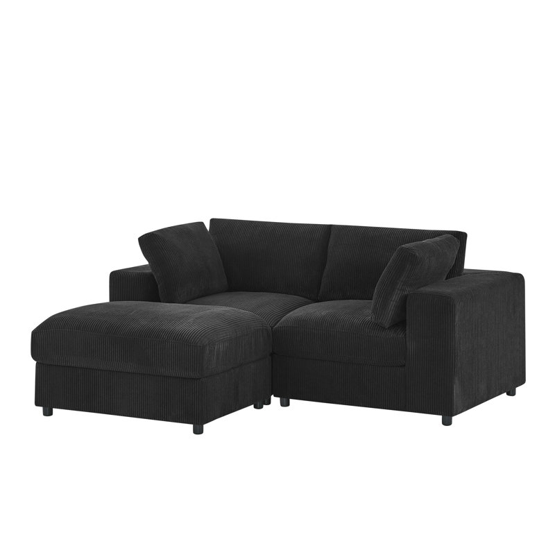 Andrielle 79'' Wide Corduroy Modular Sofa & Chaise with Ottoman, Black Corduroy, Left-Hand Facing