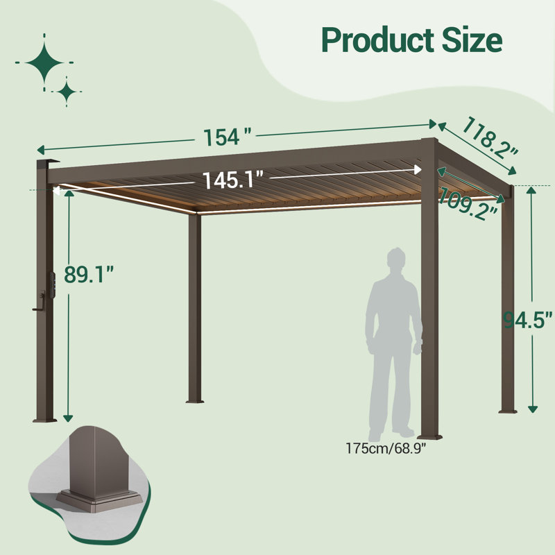 Metal Louvered Pergola with Adjustable Canopy for Outdoor Patio, Brown, 10' W x 13' D