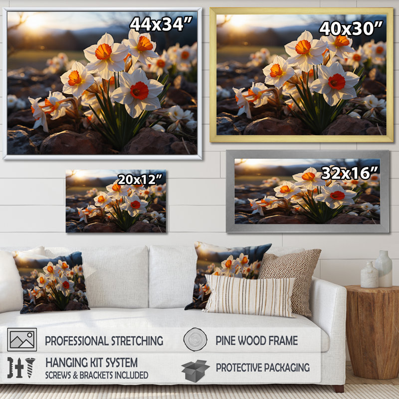 Daffodils Field Sunset II - Floral Wall Decor, H 30 po x l 40 po x P 1,5 po, Cadre flottant doré