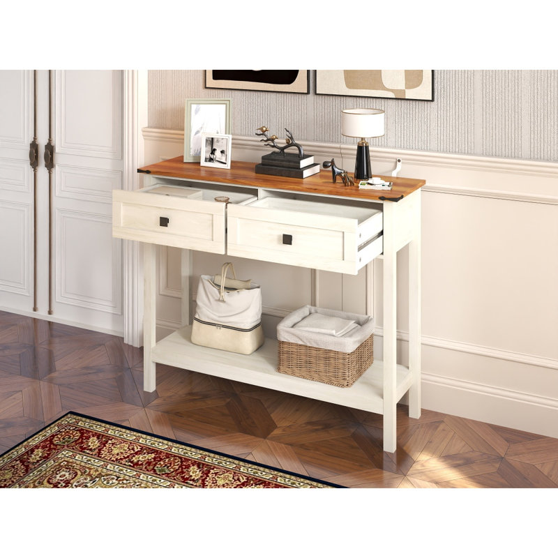 Console de style campagnard avec 2 tiroirs et tablette de rangement inférieure pour le vestibule, table d'appoint rustique avec tiroir de rangement et tablette pour le salon, couloir (blanc antique)