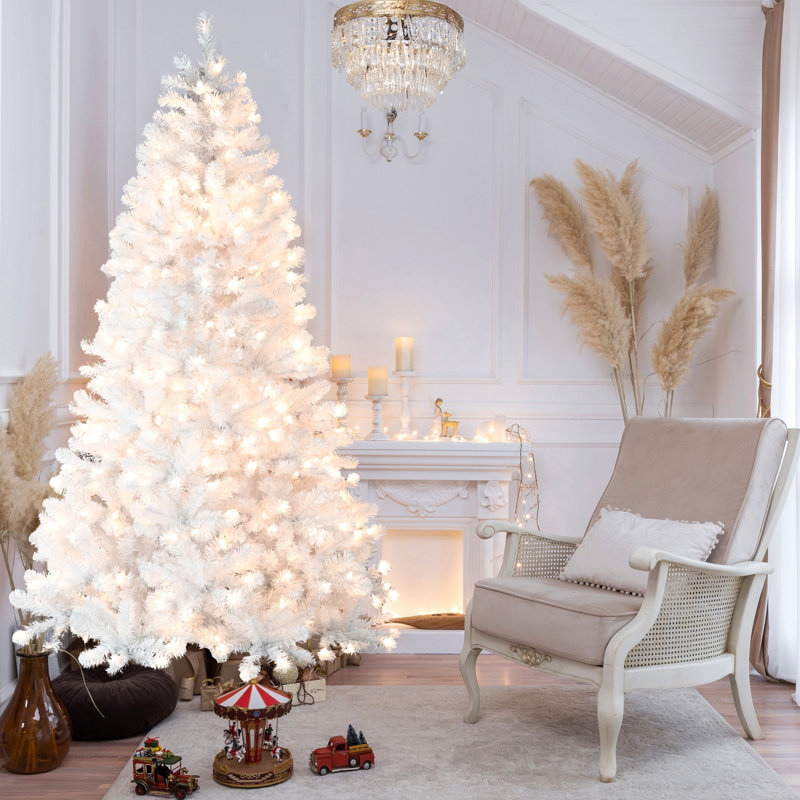 Arbre de Noël blanc pré-éclairé avec fil mémoire - lumières incandescentes chaudes, pointes, conception à dépliage automatique, support en métal stable, arbre de Noël artificiel en PVC