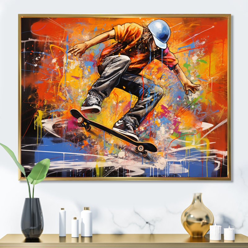 Skateboard Street, impression sur toile I, Cadre flottant doré, H 30 po x l 40 po x P 1,5 po