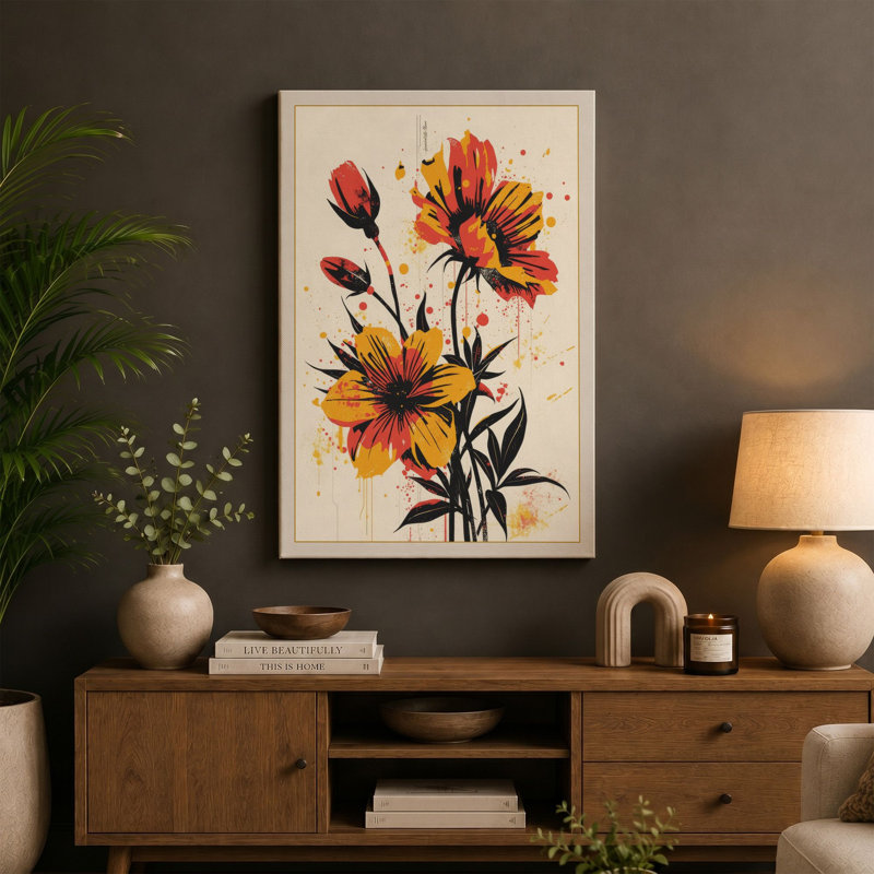 Vibrant Dahlia Study Botanical - Wrapped Canvas, 36x24 - 91.4 x 61.0 cm, Teal Border