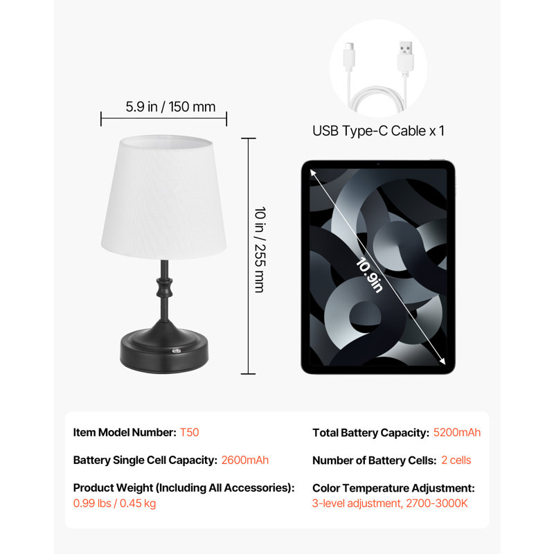 Cordless Table Lamp Rechargeable Battery Small Desk Lamp Fabric Shade, Black