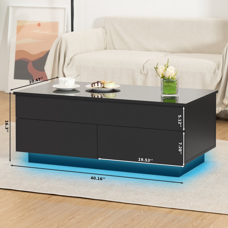 Black Rectangular Wood Lift-Top Coffee Table with Storage and LED Lights