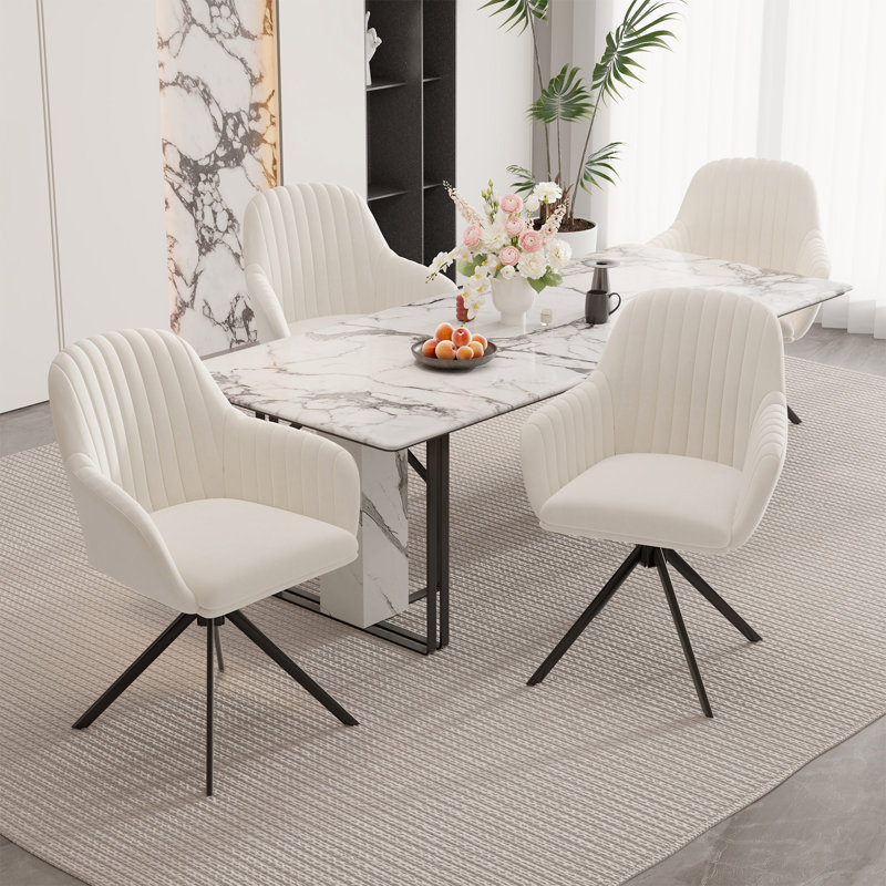 Velvet Upholstered Side Chair, White, 4, White