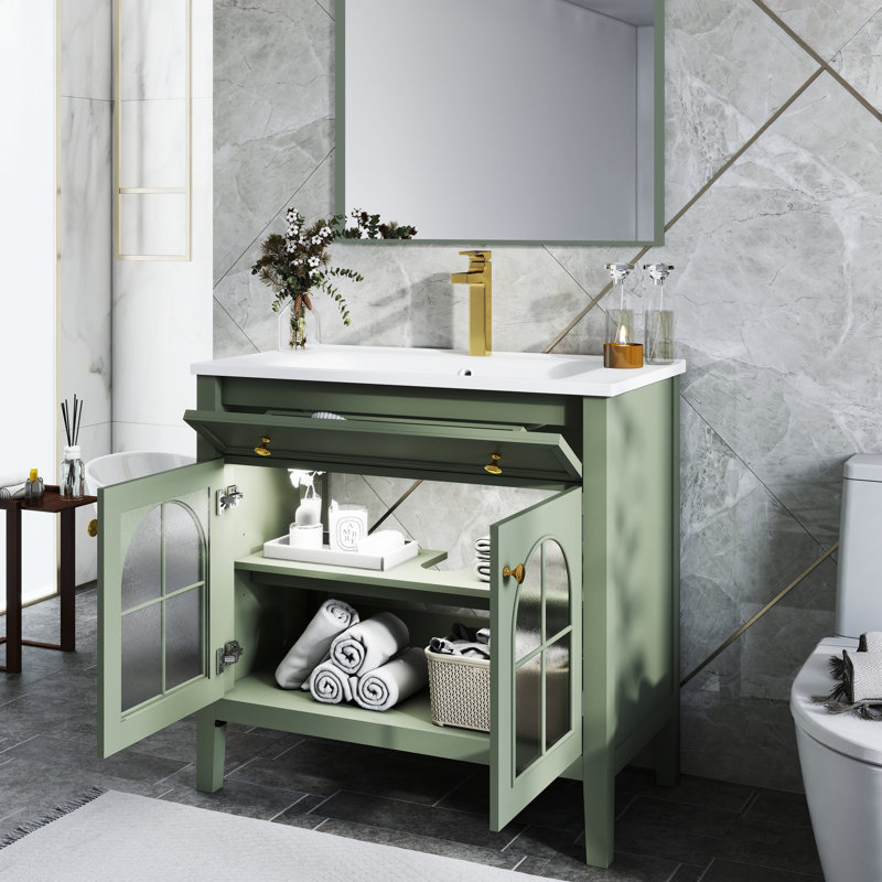 Meuble-lavabo de style Mid-Century, verre antique, éclairage à mouvement automatique, lavabo de meuble-lavabo facile à nettoyer de 36 pouces avec lumières à capteur intégrées et intégré pour une utilisation