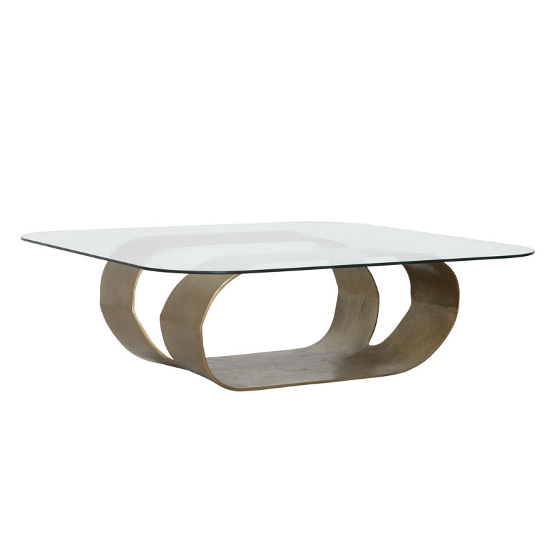 Kaydae Glass Top Coffee Table with Sculptural Aluminum Base in Antique Brass