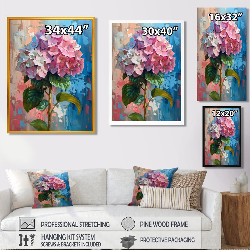 Hortensia rose et bleu qui fleurit en été III - Hortensia Wall Art Living Room, Cadre flottant doré, H 12 po x l 20 po