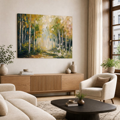 Horizontale automne, chemin de forêt, art mural sur toile, feuille d'or verte, reproduction de peinture pour décor de salon de campagne