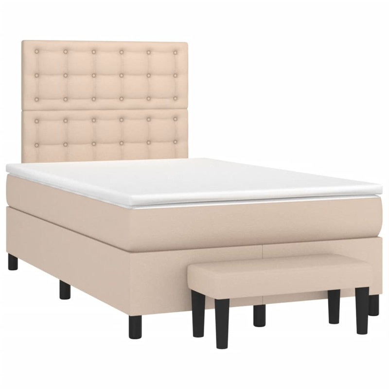  Lit sommier tapissier avec matelas cappuccino et similicuir blanc, Beige