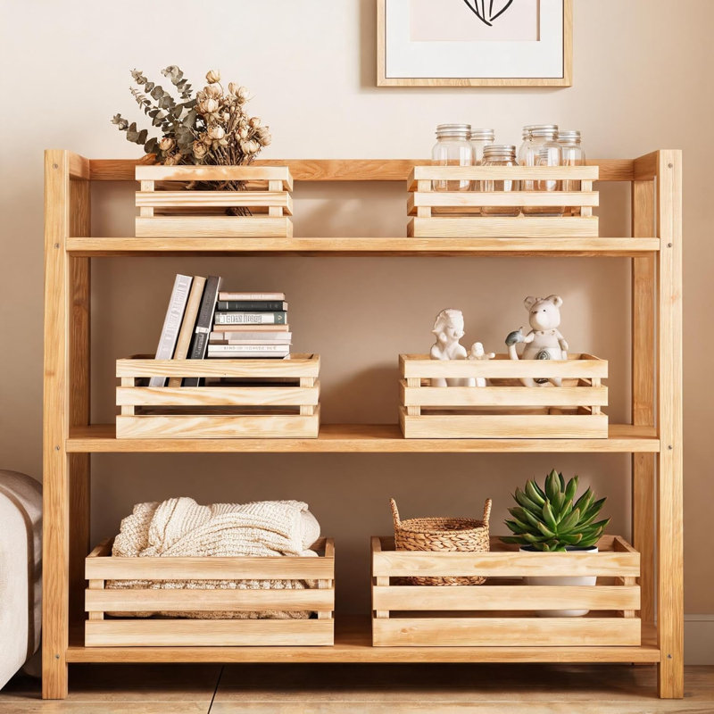 Set of 6 Rustic Wooden Crates, Stackable Nesting Storage Boxes with Handles for Display and Organization, Natural Wood