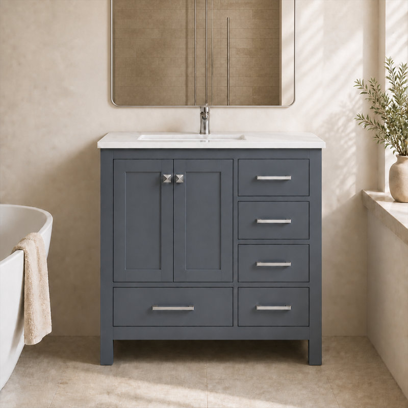 Meuble-lavabo autoportant gris anthracite avec plateau en quartz de Carrare 36 po Anvay, Quartz - blanc de Carrare