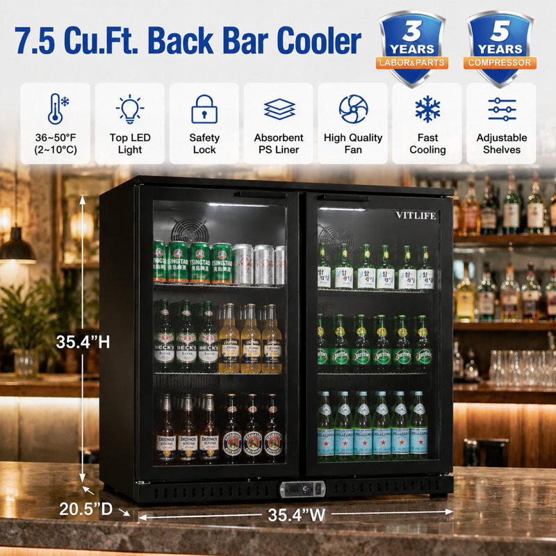 VITLIFE Back Bar Cooler with 2 Glass Doors， Under Counter Beverage Refrigerator with LED,7.5 Cu.Ft.，Counter Height Commercial Bar Fridge for Beer, Wine, Soda in Bar, Restaurant, Home