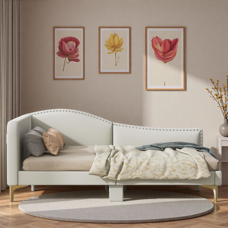 Upholstered Daybed With Headboard And Armrest, Beige, Full/Double