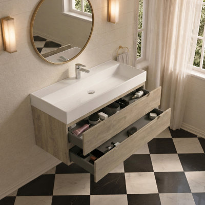Ensemble de meuble-lavabo mural 48 po avec lavabo en résine blanche, 2 tiroirs Tona