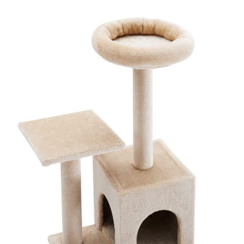 Cream Plush Polyester Double Decker Cat Tree with Hammock