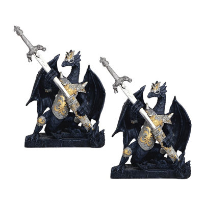 "Ensemble de 2 pièces" ICE ARMOUR H 6,5 "dragon noir avec épée, figurine, ornement, décoration de maison / chambre et idées de cadeaux parfaits pour le réchauffement de la maison, les fêtes et les anniversaires