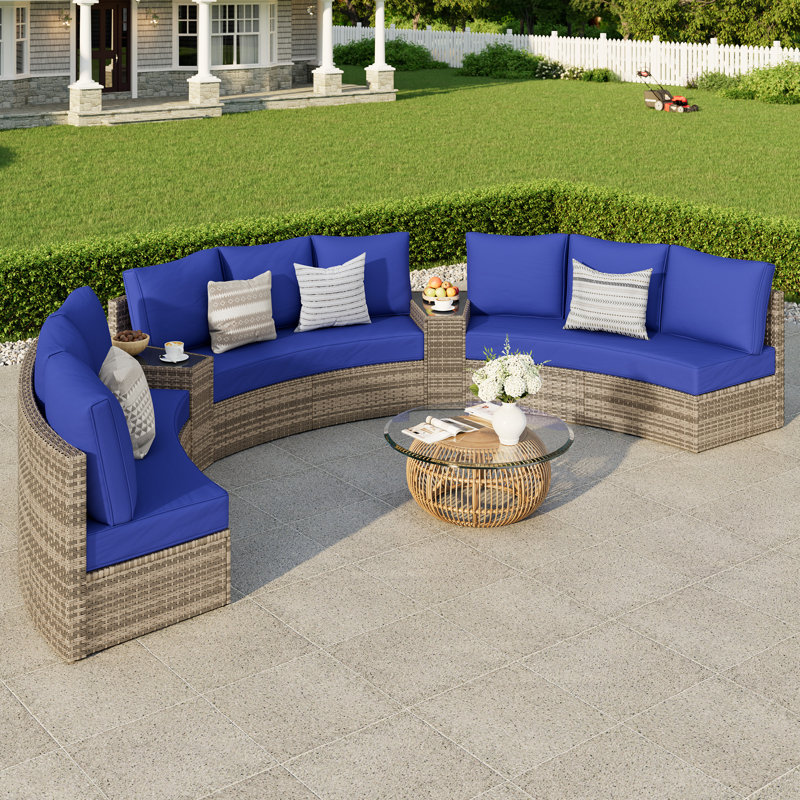 Ensemble de conversation avec canapé en rotin 11 pièces avec coussins et tables d'appoint Leiny, bleu, Bleu