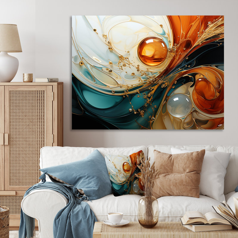 Orange et or planète vagues III - peinture abstraite, art mural, Toile tendue, H 24 po x l 32 po x P 1 po
