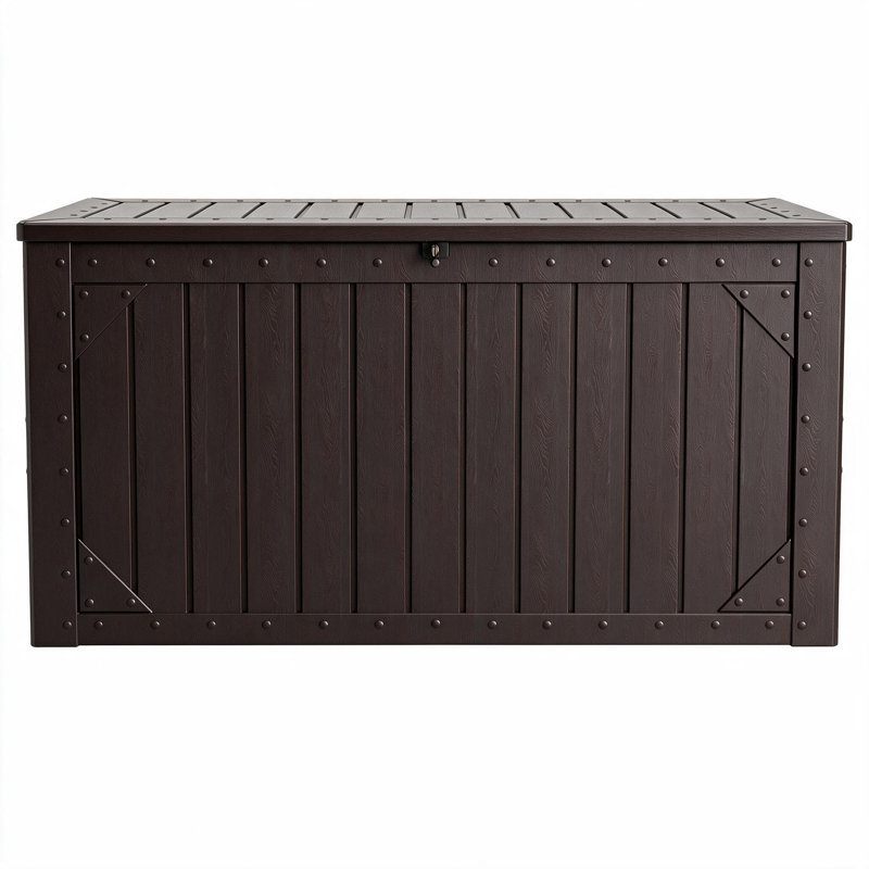 Coffre de terrasse en bois verrouillable 109 gallons avec panneaux aspect bois et couvercle, Brown