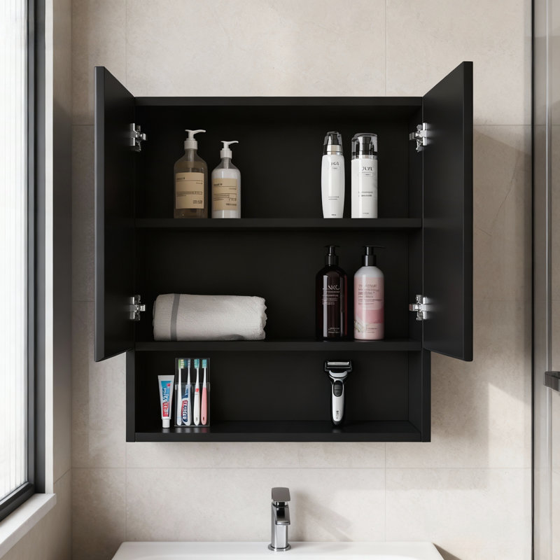 Armoire murale rayée avec portes, tablette et rangement ouvert, Noir