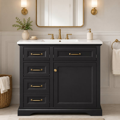 Meuble-lavabo autoportant 36 po avec plateau en céramique, 4 tiroirs et armoire de rangement à fermeture en douceur Velmori