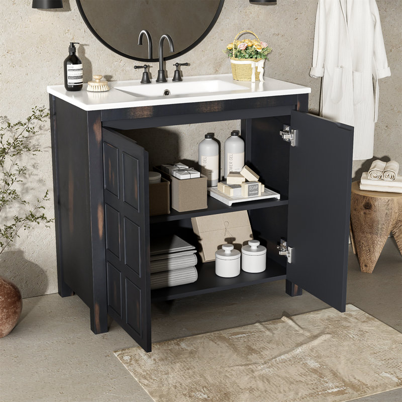 Meuble-lavabo simple 36 po avec lavabo en céramique et armoire à fermeture douce avec tablette ajustable, Noir