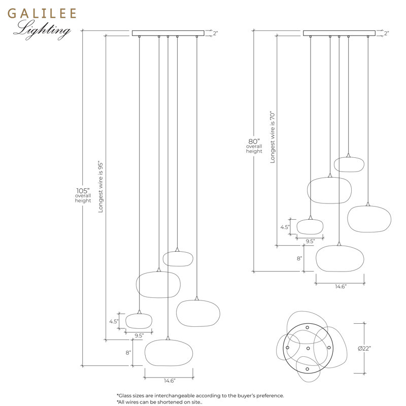 Kloud mix of 5 Pendant Lights, 105", Clear/Amber, Brass