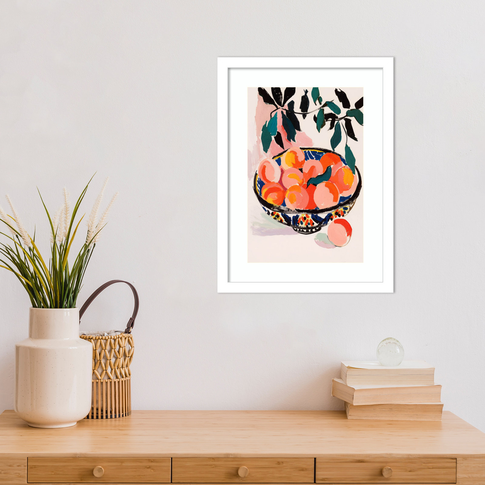 Ottilie "Fresh Peach Fruit Bowl" Print, White Framed, 17" H x 13" W