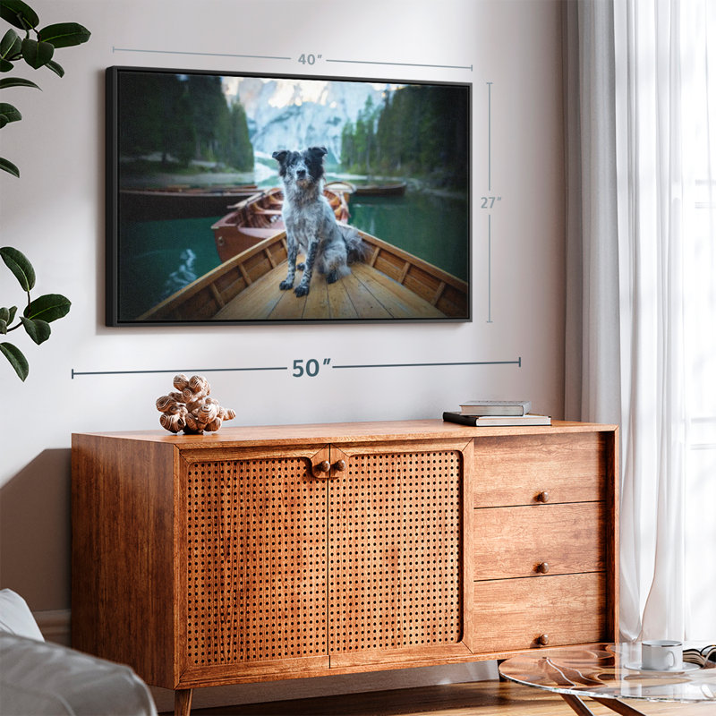 Border collie sur bateau, reproduction sur toile, H 27 po x l 40 po