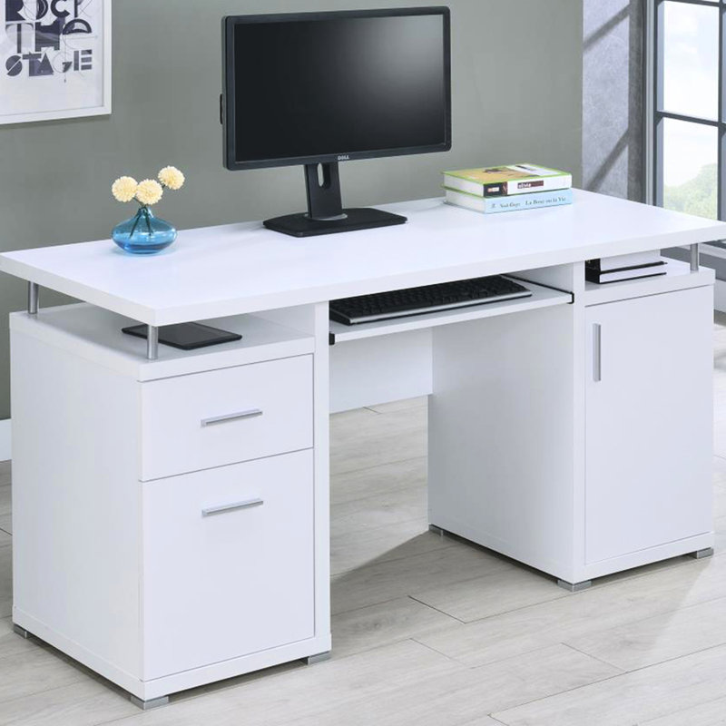 Bureau de 55 pouces en blanc, 2 tiroirs, décor en métal argenté et bureau fonctionnel blanc, détails, fabrication