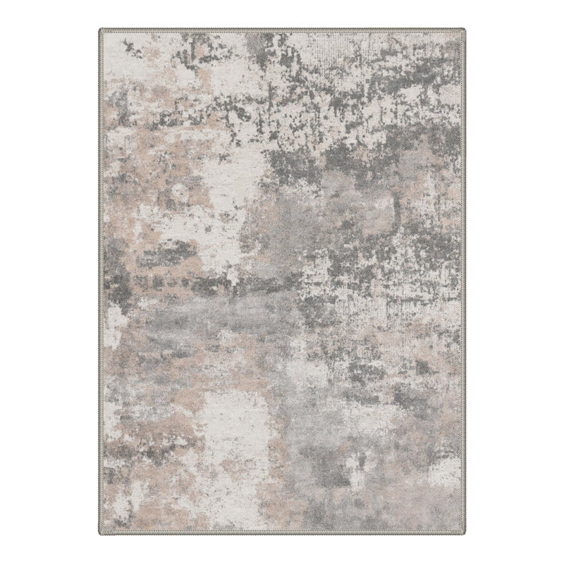 Tapis abstrait gris / ivoire lavable à la machine avec envers antidérapant, Rectangulaire 8 pi x 10 pi